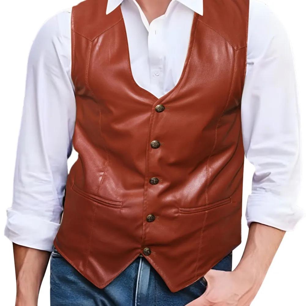 Barry. Wang Brown Leather Suit Vest Casual Western V-Neck Vest Jacket sold by Barrywang product image thumbnail 2