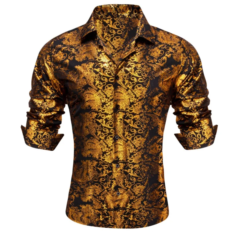 Barry. Wang Mens Gold Dress Shirt Paisley Jacquard Long Sleeve Button Down Business Shirt sold by Barrywang