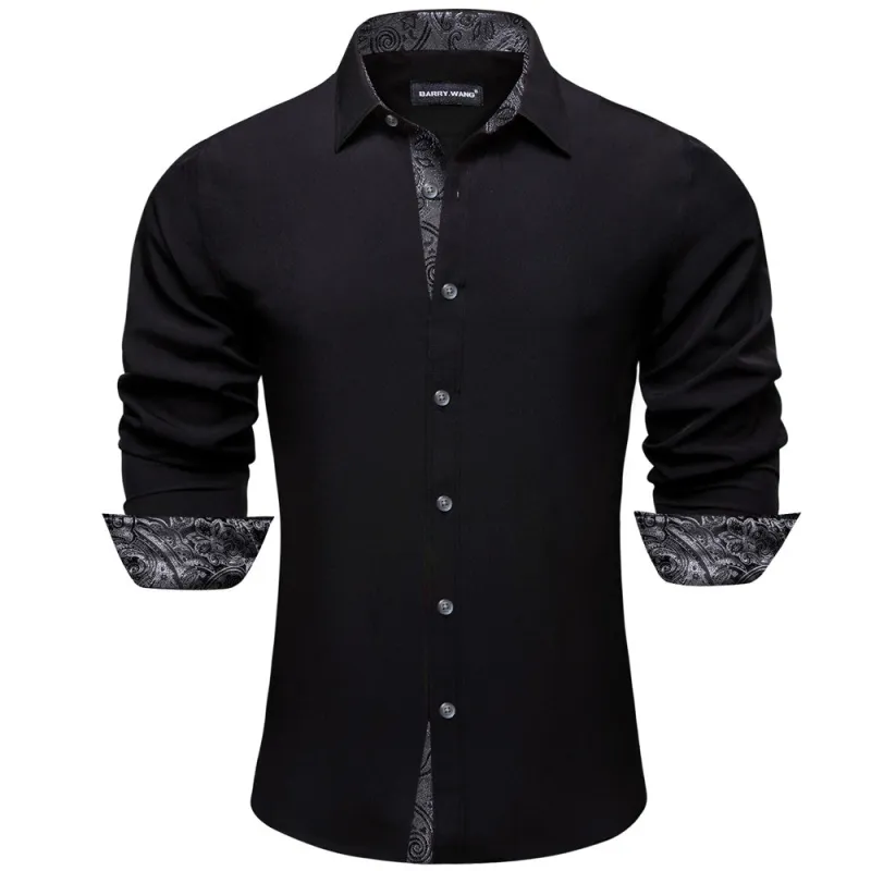 Barry. Wang Black Silver Splicing Shirt Blue Long Sleeve Button Down Business Shirt sold by Barrywang