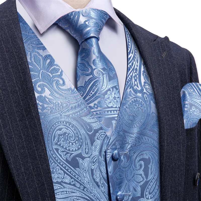 Barry. Wang Mens Sky Blue Suit Waistcoat Floral Dress Vest Necktie Pocket Square Set sold by Barrywang