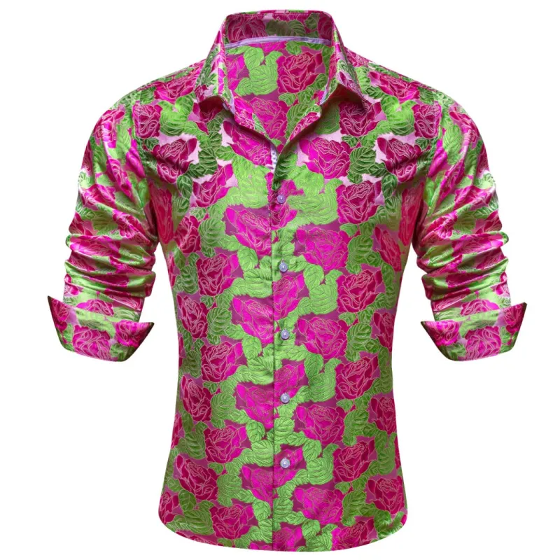 Barry. Wang Hot Pink Floral Dress Shirt Mens Green 70s Disco Button Down Long Sleeve Shirt sold by Barrywang