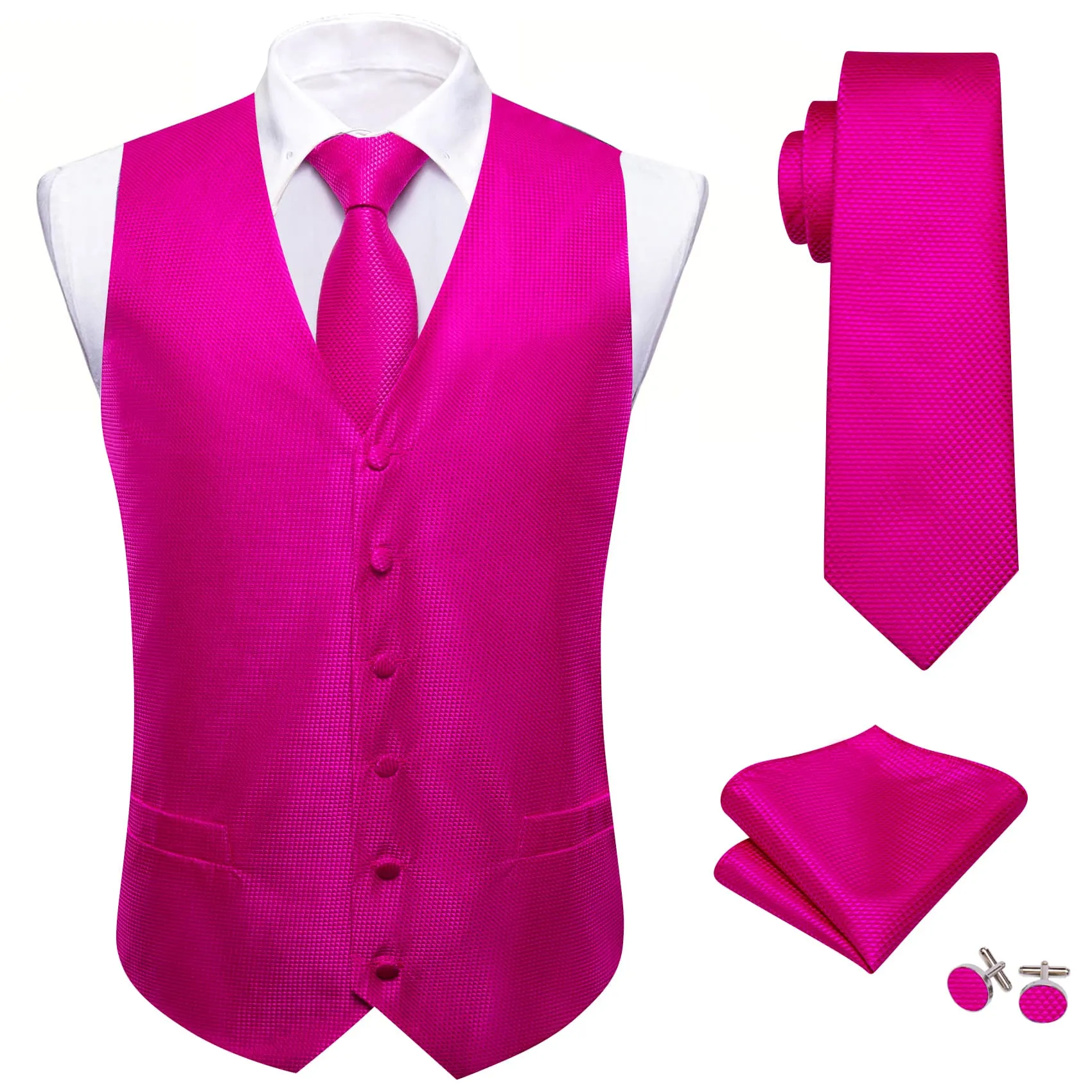Barry. Wang Fuchsia Pink Suit Vest Solid V-neck Formal Vest Tie Hanky Cufflinks Set sold by Barrywang product image thumbnail 2