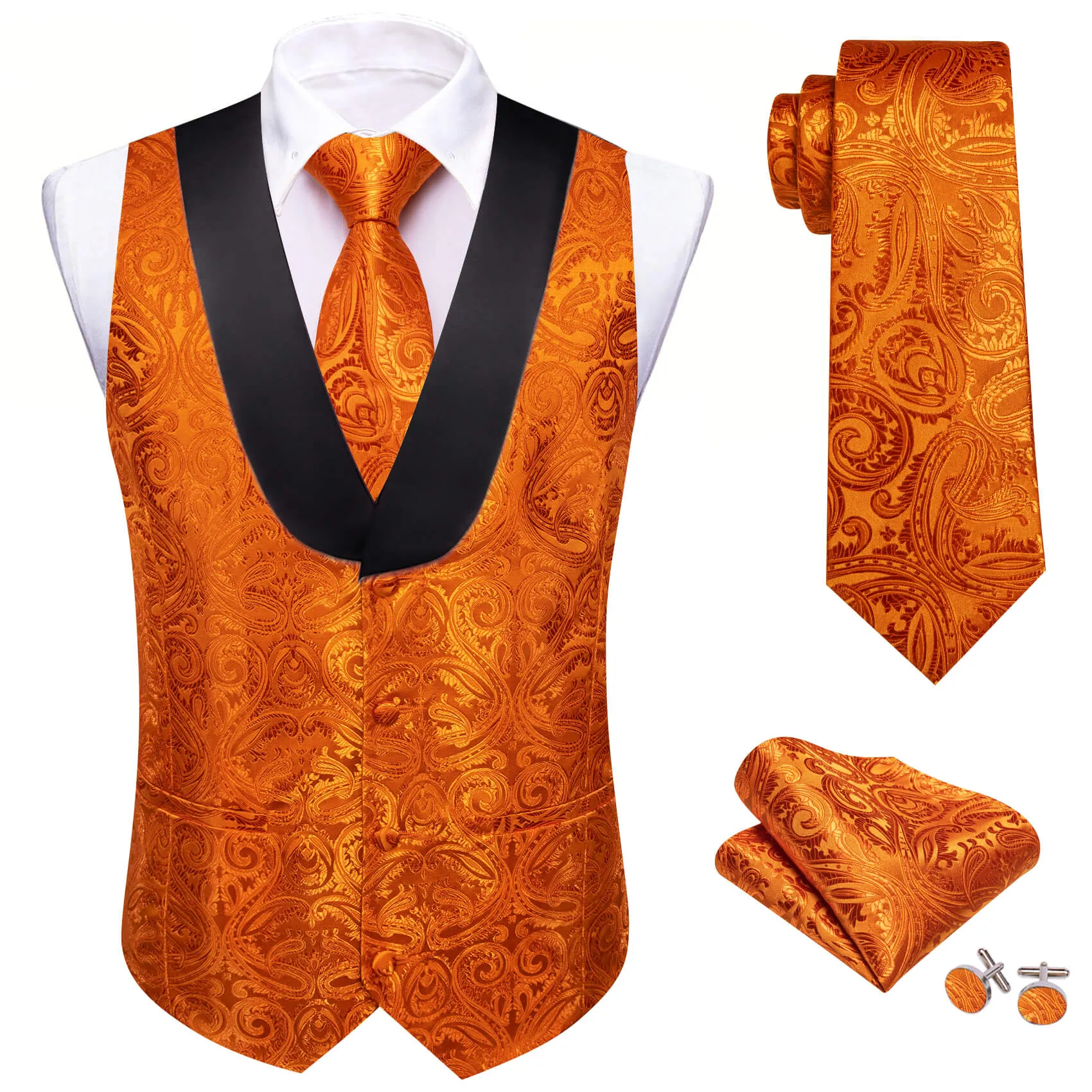 Barry. Wang Mens Shawl Collar Orange Paisley Suit Vest Necktie Handkerchief Cufflinks Set sold by Barrywang product image thumbnail 3