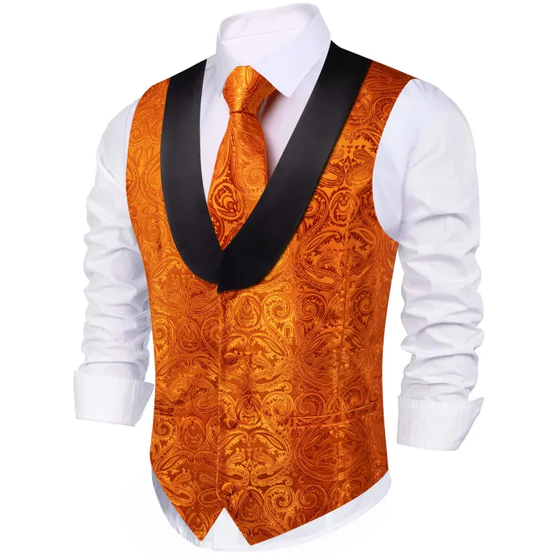 Barry. Wang Mens Shawl Collar Orange Paisley Suit Vest Necktie Handkerchief Cufflinks Set sold by Barrywang