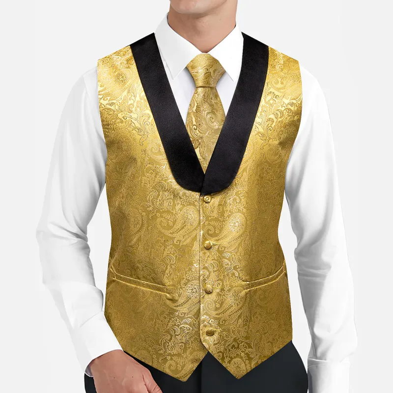 Barry. Wang Mens Shawl Collar Gold Paisley Suit Vest Necktie Handkerchief Cufflinks Set sold by Barrywang