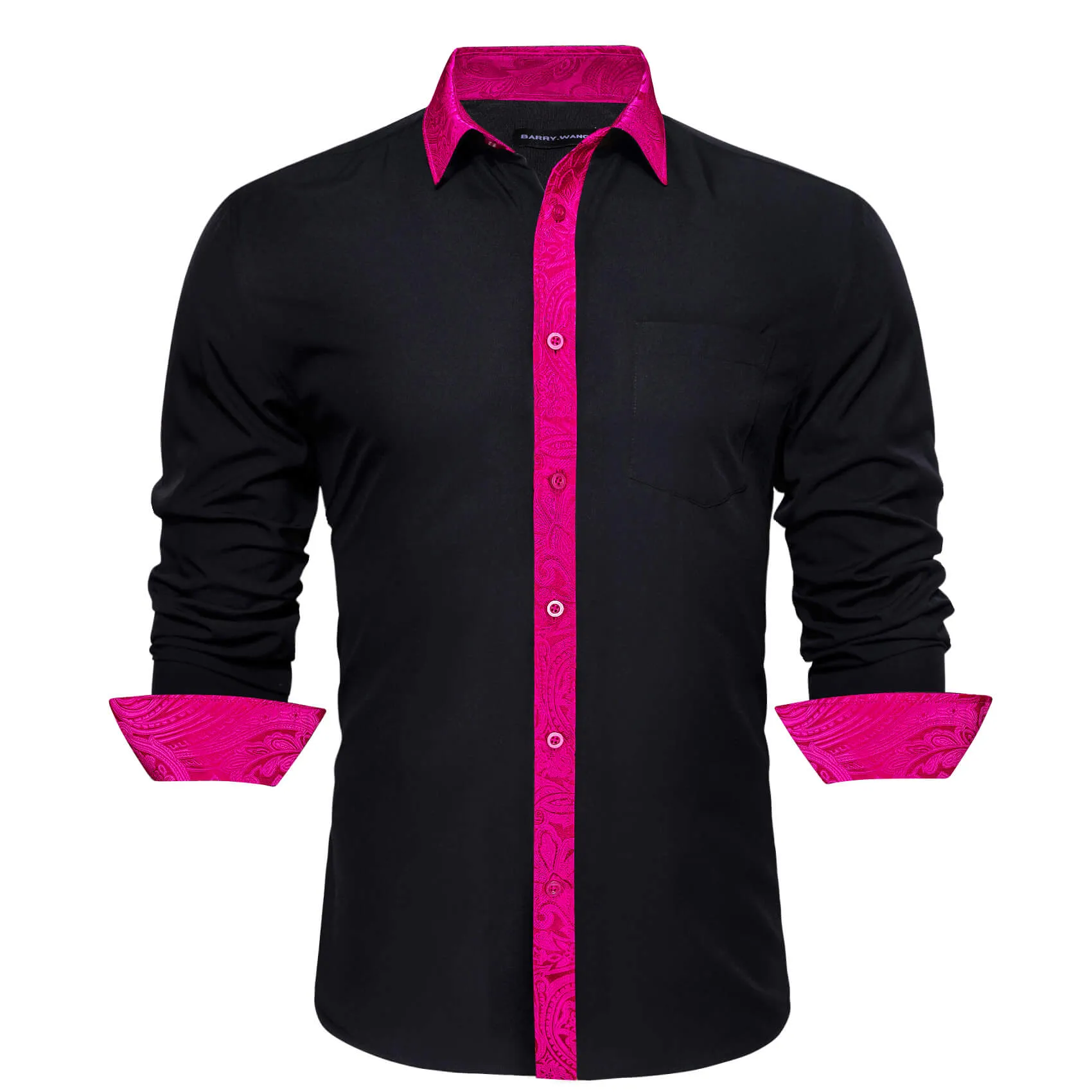Barry. Wang Mens Black Hot Pink Splicing Shirt Long Sleeve Formal Shirt for Wedding sold by Barrywang