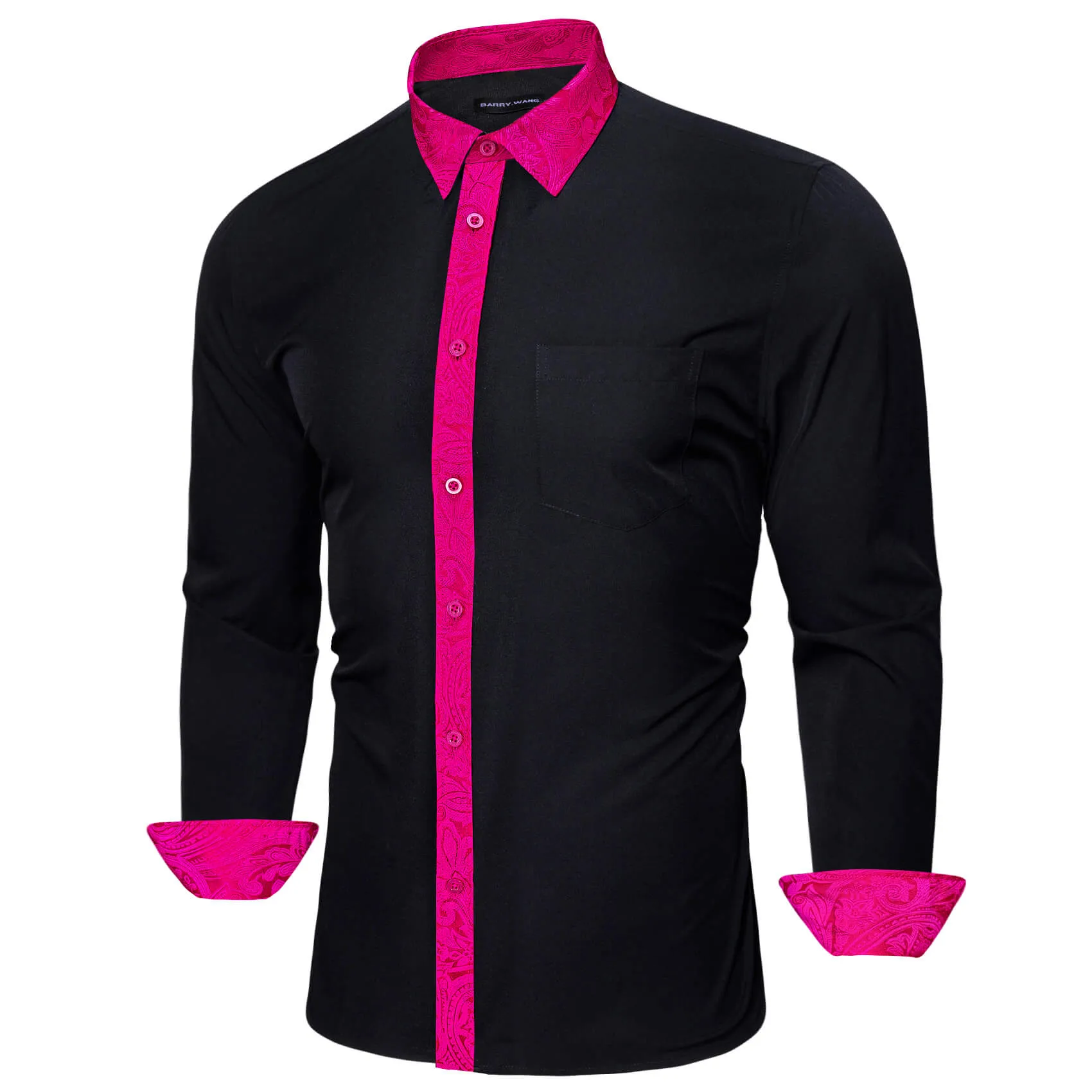 Barry. Wang Mens Black Hot Pink Splicing Shirt Long Sleeve Formal Shirt for Wedding sold by Barrywang product image thumbnail 2