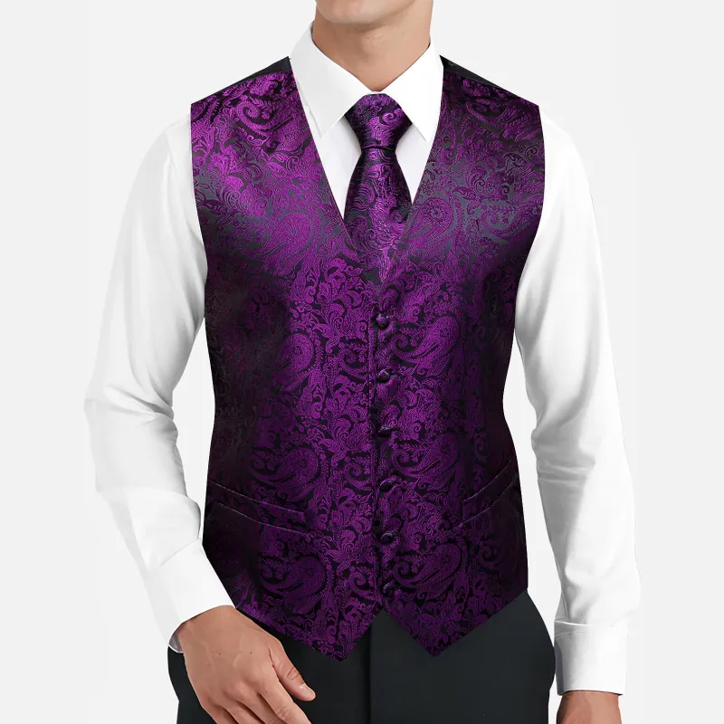 Barry. Wang Purple Mens Suit Vest Paisley Wedding Vest Tie Pocket Square Cufflinks Set sold by Barrywang