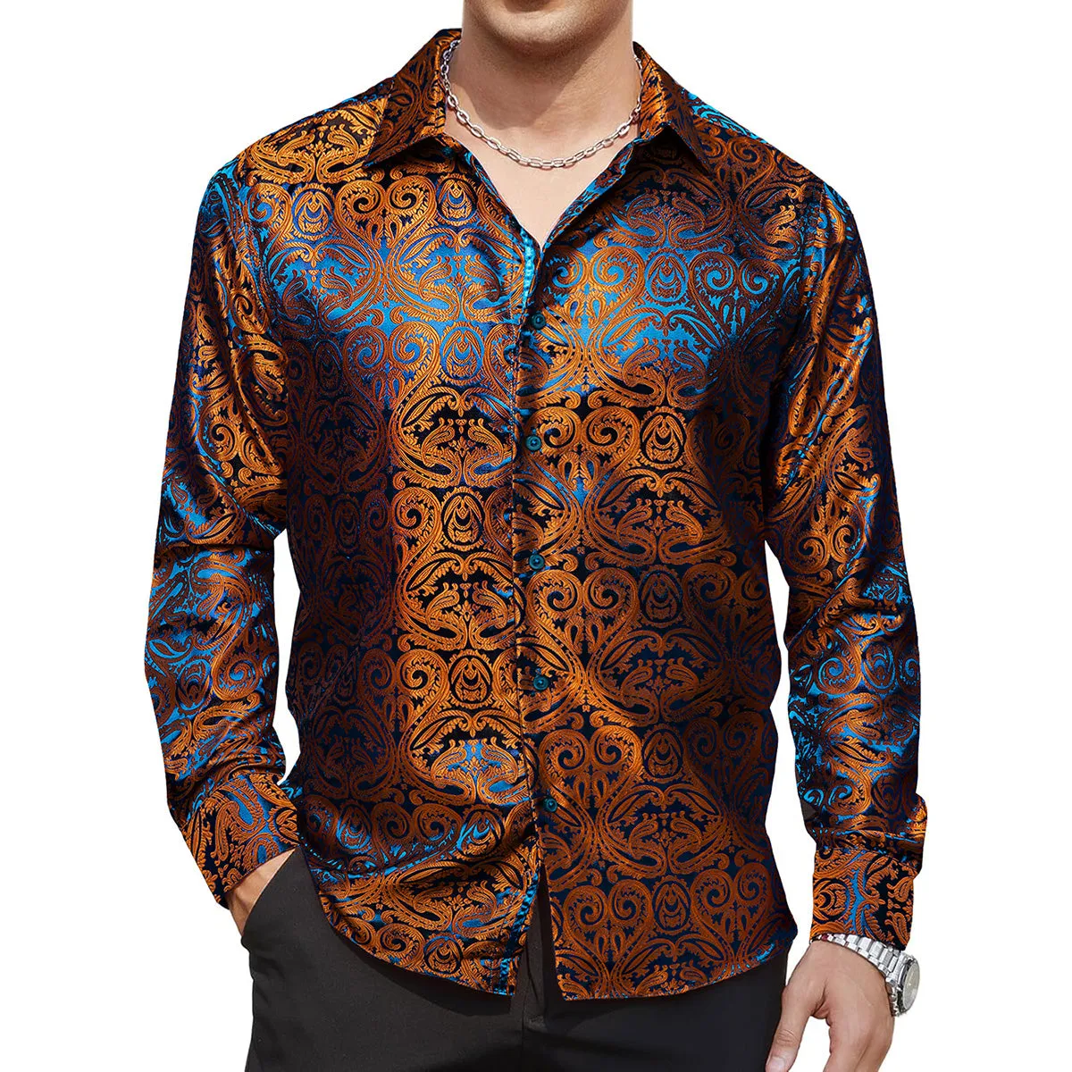 Barry. Wang Brown Casual Shirt for Men Paisley Long Sleeve Button Down Shirt sold by Barrywang
