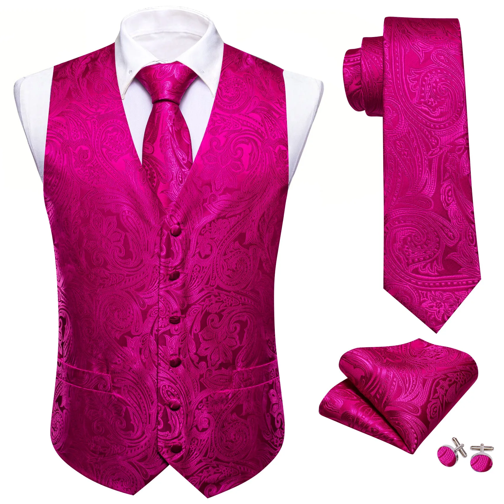 Barry. Wang Mens Hot Pink Suit Waistcoat Floral Dress Vest Necktie Pocket Square Set sold by Barrywang product image thumbnail 5