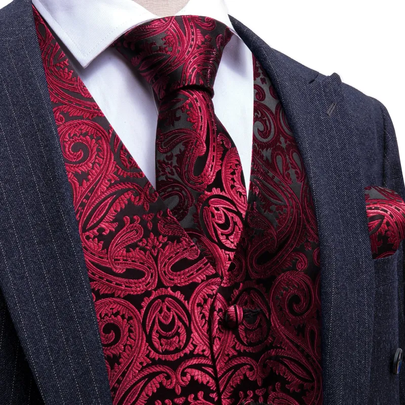 Barry. Wang Burgundy Vest Suit Paisley Silk Dress Vest Necktie Hanky Cufflinks Set sold by Barrywang