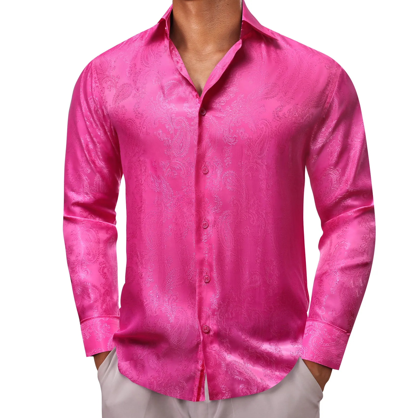 Barry. Wang Mens Hot Pink Dress Shirt Paisley Silk Long Sleeve Button Down Formal Shirts sold by Barrywang product image thumbnail 4
