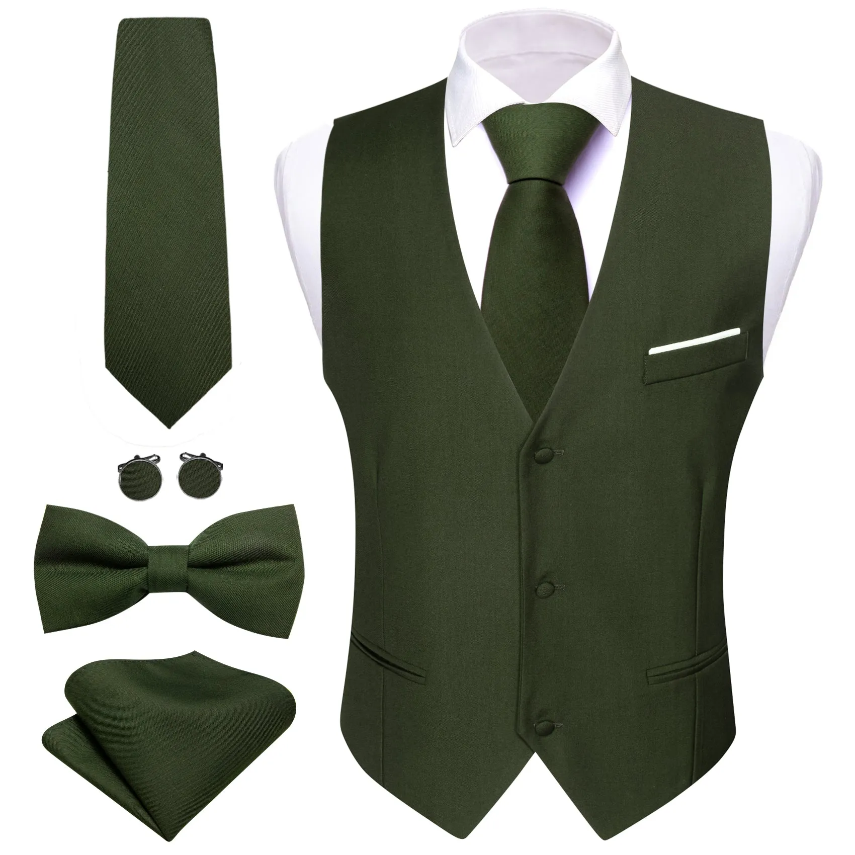 Barry. Wang Mens Olive Green Suit Vest Solid Dress Vest Necktie Bowtie Hanky Cufflinks Set sold by Barrywang