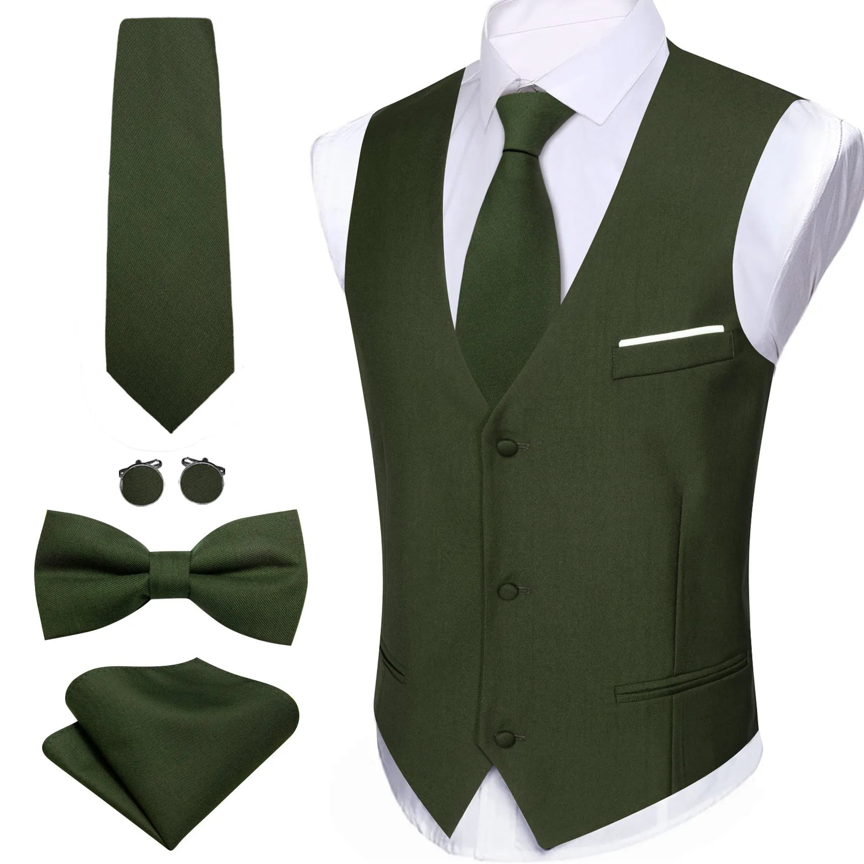 Barry. Wang Mens Olive Green Suit Vest Solid Dress Vest Necktie Bowtie Hanky Cufflinks Set sold by Barrywang product image thumbnail 2