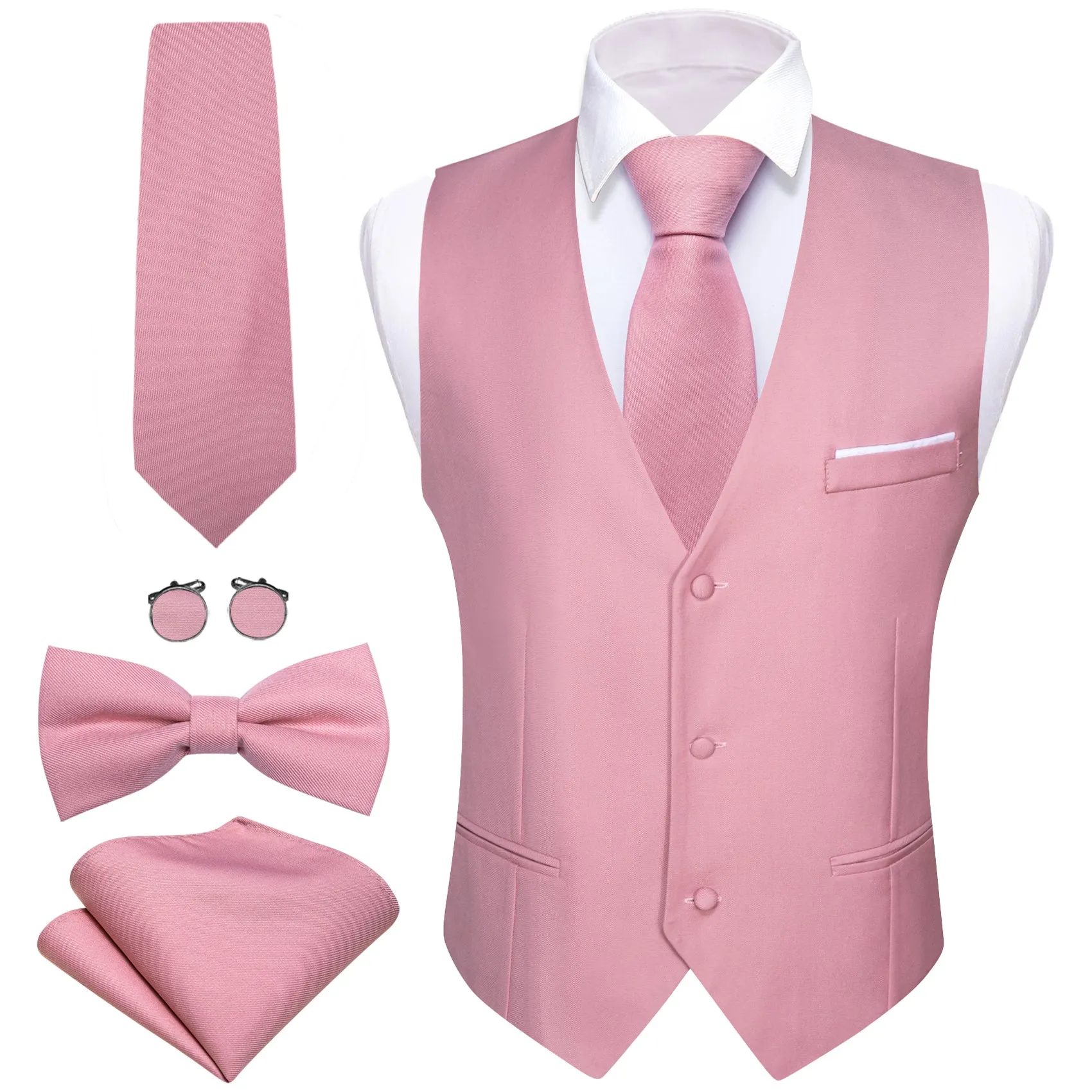 Barry. Wang Mens Pink Suit Vest Solid Dress Vest Necktie Bowtie Hanky Cufflinks Set sold by Barrywang