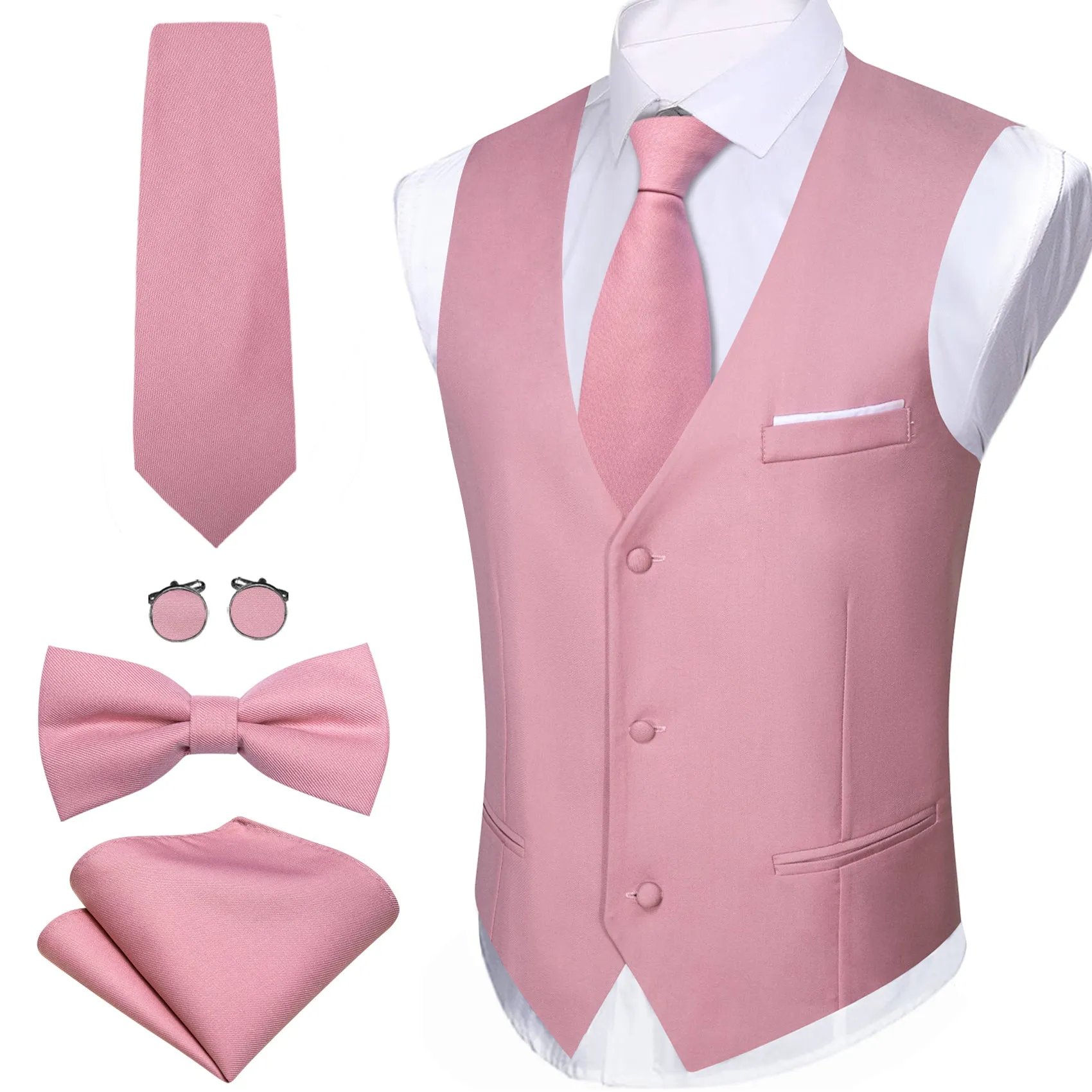 Barry. Wang Mens Pink Suit Vest Solid Dress Vest Necktie Bowtie Hanky Cufflinks Set sold by Barrywang product image thumbnail 3
