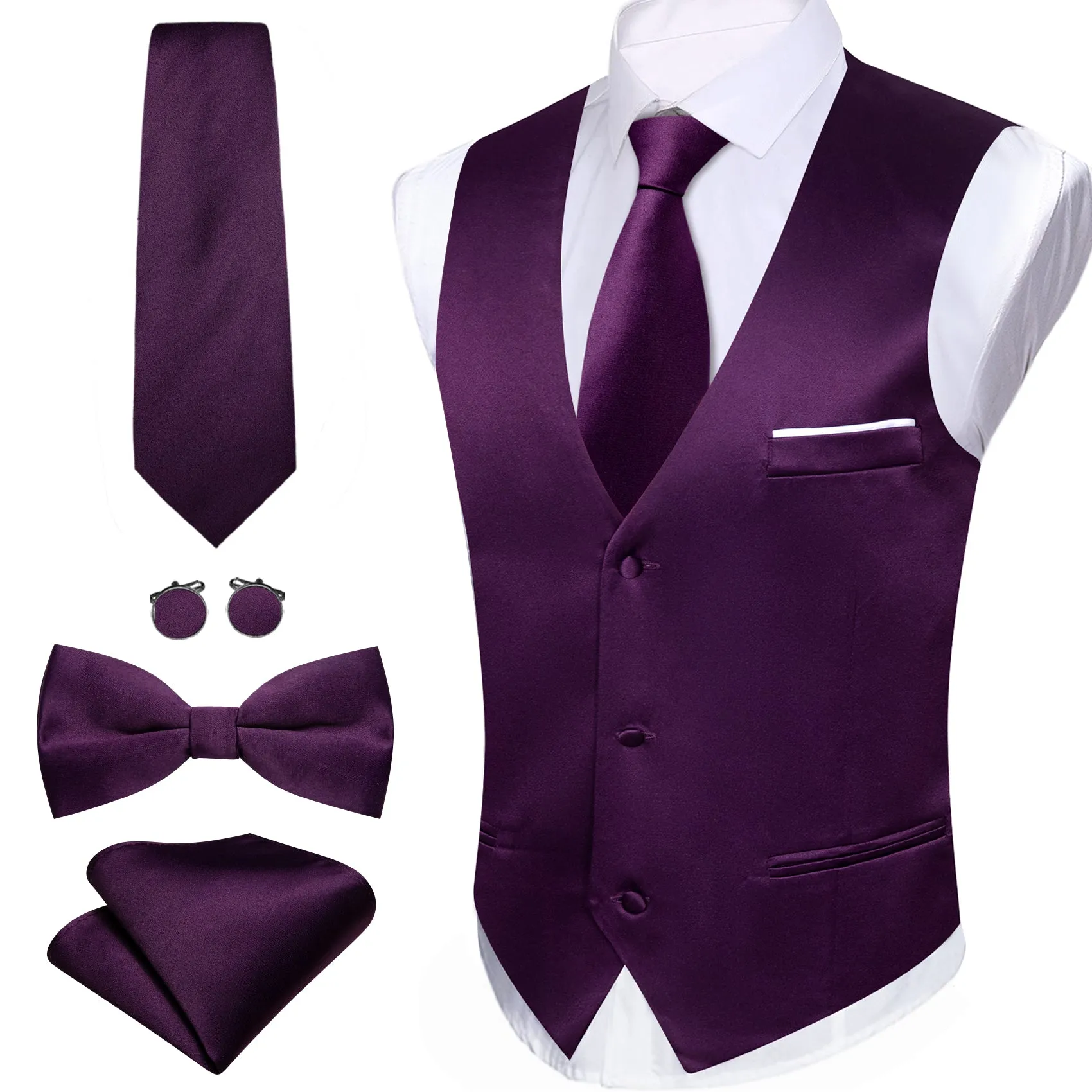 Barry. Wang Mens Purple Suit Vest Solid Color Formal Vest Tie Hanky Cufflinks Set with Brooch sold by Barrywang product image thumbnail 3