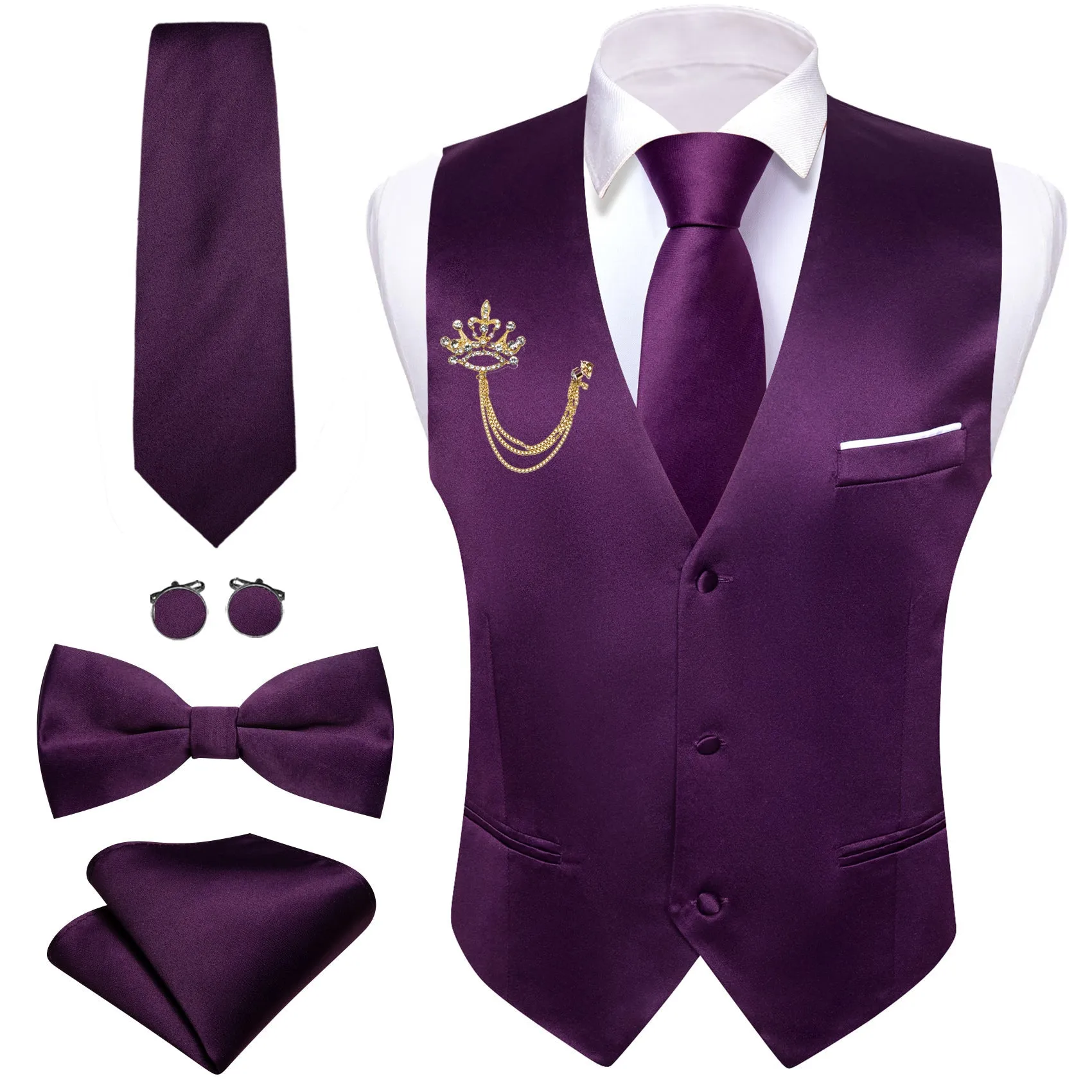 Barry. Wang Mens Purple Suit Vest Solid Color Formal Vest Tie Hanky Cufflinks Set with Brooch sold by Barrywang