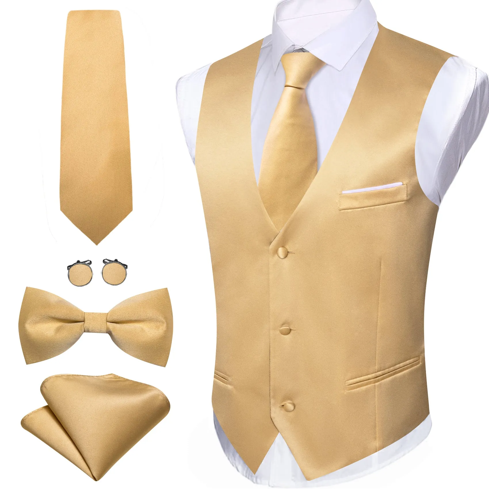 Barry. Wang Mens Gold Suit Vest Solid V-neck Vest Necktie Bowtie Pocket Square Cufflinks Set sold by Barrywang product image thumbnail 2