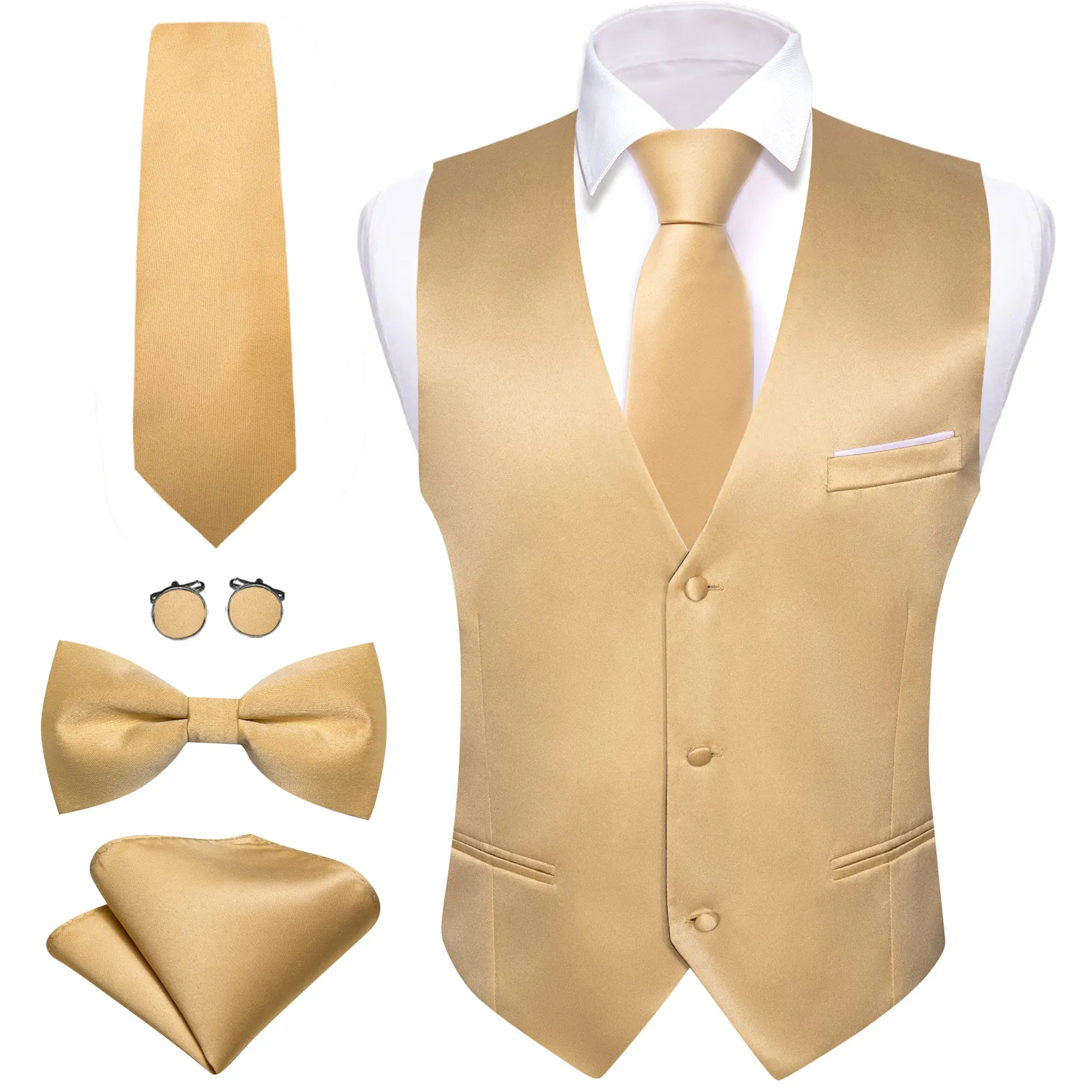 Barry. Wang Mens Gold Suit Vest Solid V-neck Vest Necktie Bowtie Pocket Square Cufflinks Set sold by Barrywang