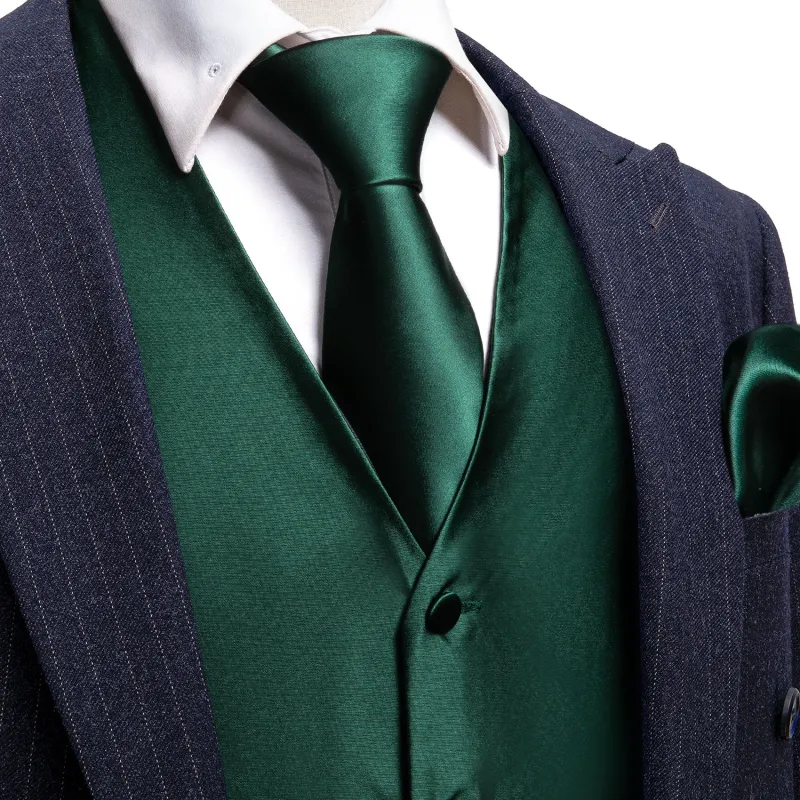 Barry. Wang Hunter Green Suit Vest Solid V-neck Formal Vest Tie Pocket Square Cufflinks Set made by Barrywang