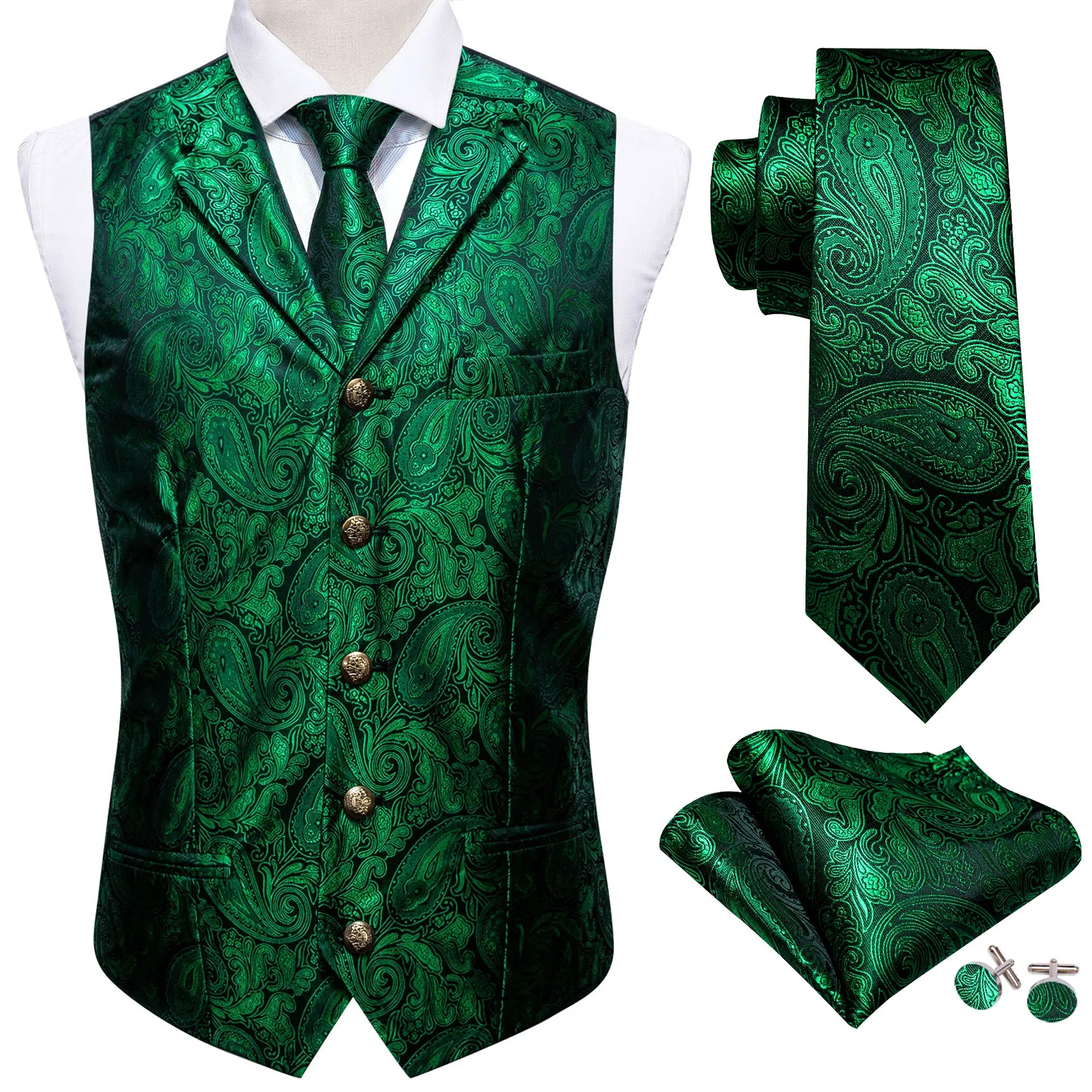 Barry. Wang Emerald Green Collar Vest Paisley Formal Suit Vest Necktie Hanky Cufflinks Set sold by Barrywang
