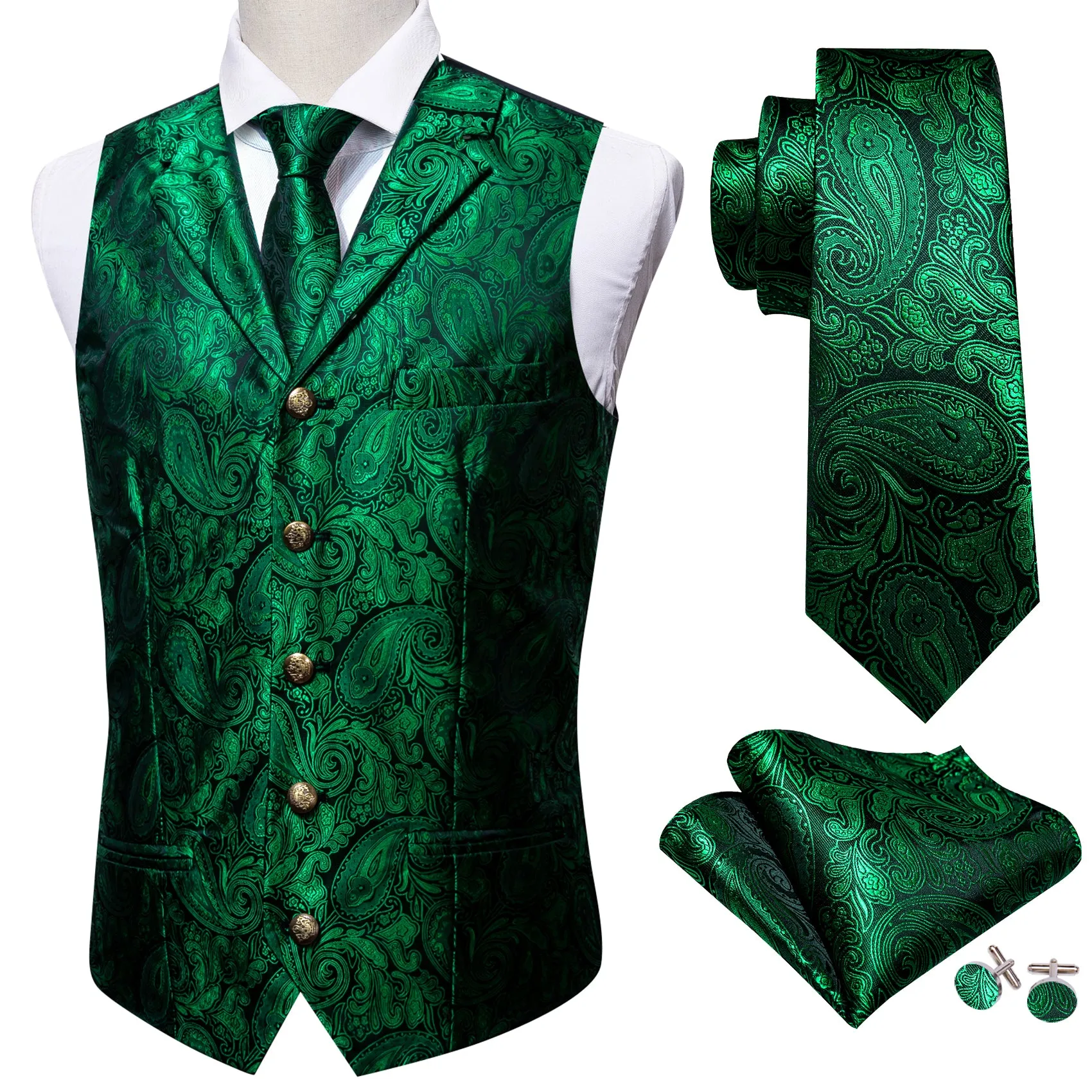 Barry. Wang Emerald Green Collar Vest Paisley Formal Suit Vest Necktie Hanky Cufflinks Set sold by Barrywang product image thumbnail 4