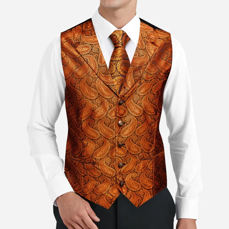 Barry. Wang Burnt Orange Dress Vest Paisley Suit Vest Necktie Pocket Square Cufflinks Set sold by Barrywang