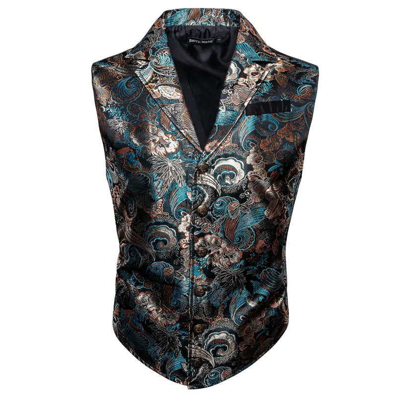 Barry. Wang Mens Floral Victorian Vest Gold Blue Tailored Collar Waistcoat for Tuxedo sold by Barrywang