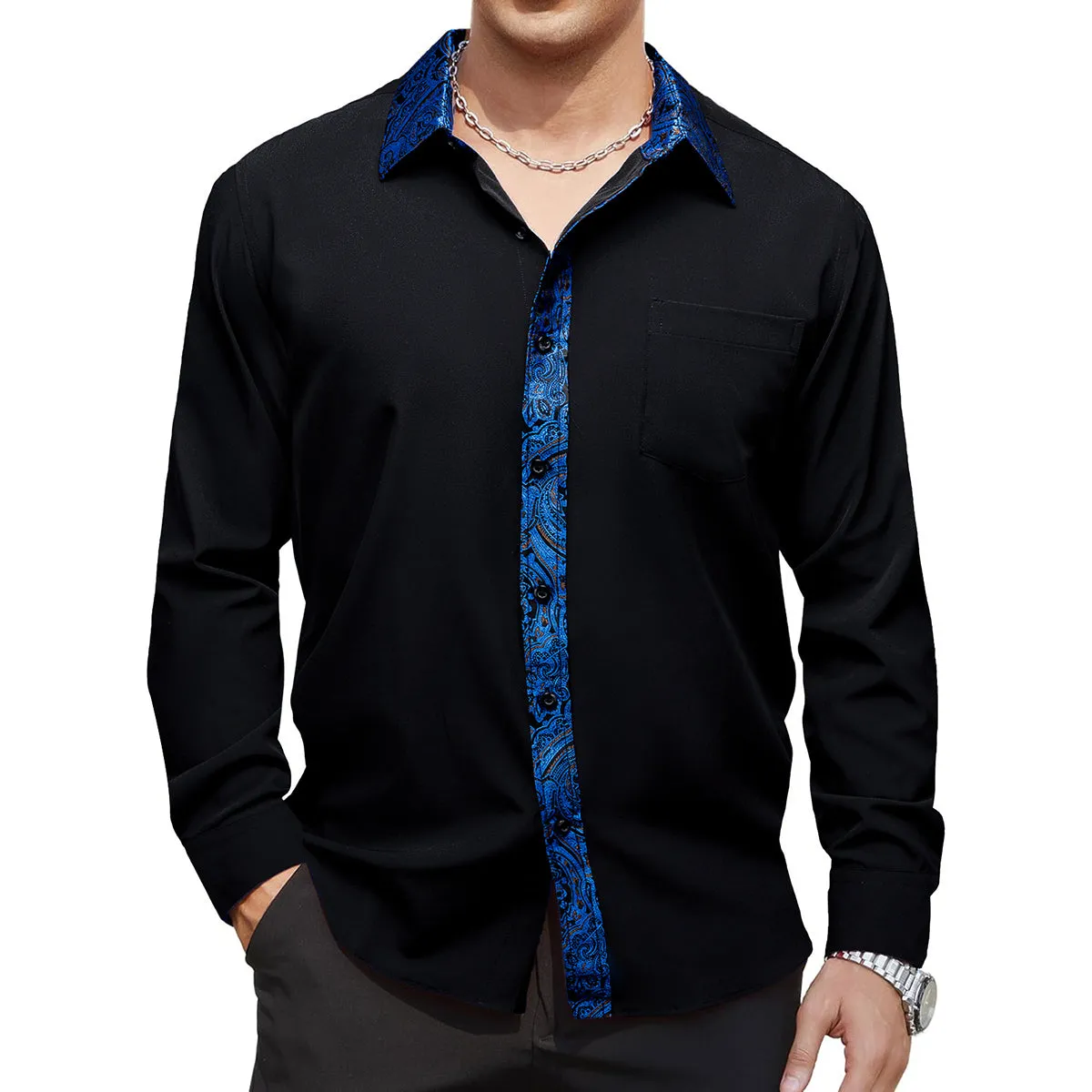 Barry. Wang Black Royal Blue Splicing Shirt Formal Long Sleeve Button Down Shirt sold by Barrywang