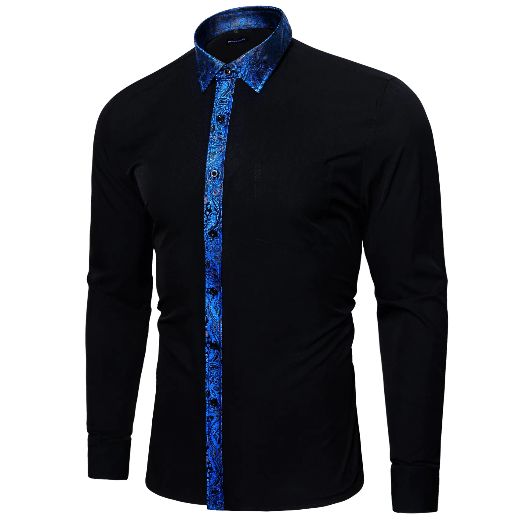 Barry. Wang Black Royal Blue Splicing Shirt Formal Long Sleeve Button Down Shirt sold by Barrywang product image thumbnail 4