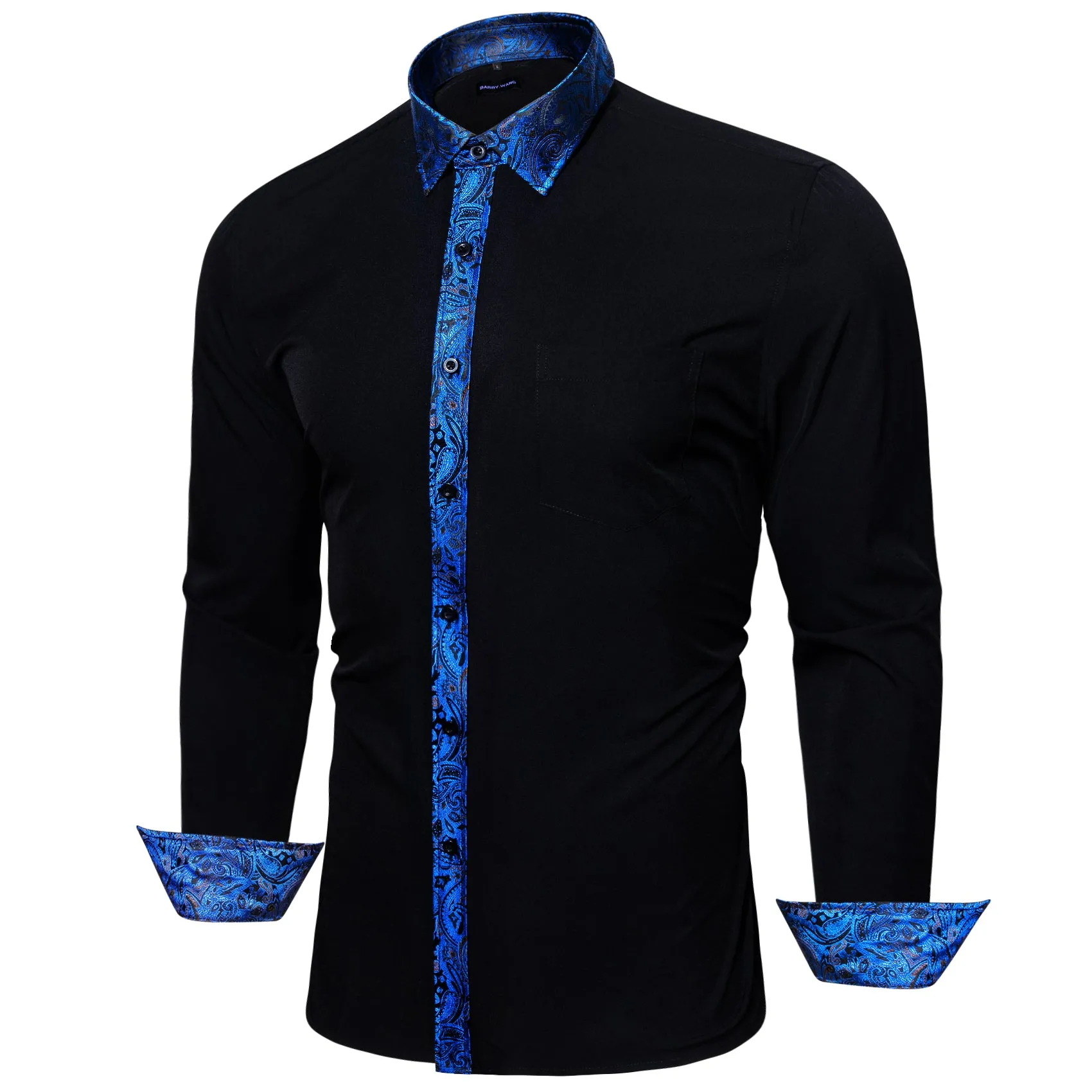Barry. Wang Black Royal Blue Splicing Shirt Formal Long Sleeve Button Down Shirt sold by Barrywang product image thumbnail 3