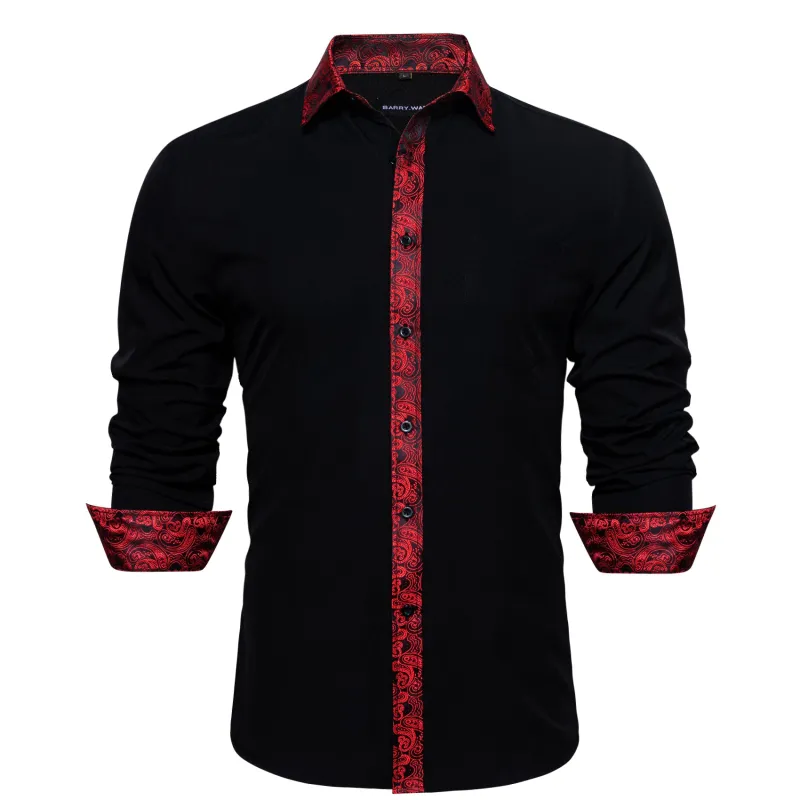 Barry. Wang Mens Black Red Splicing Shirt Long Sleeve Formal Shirt for Party made by Barrywang