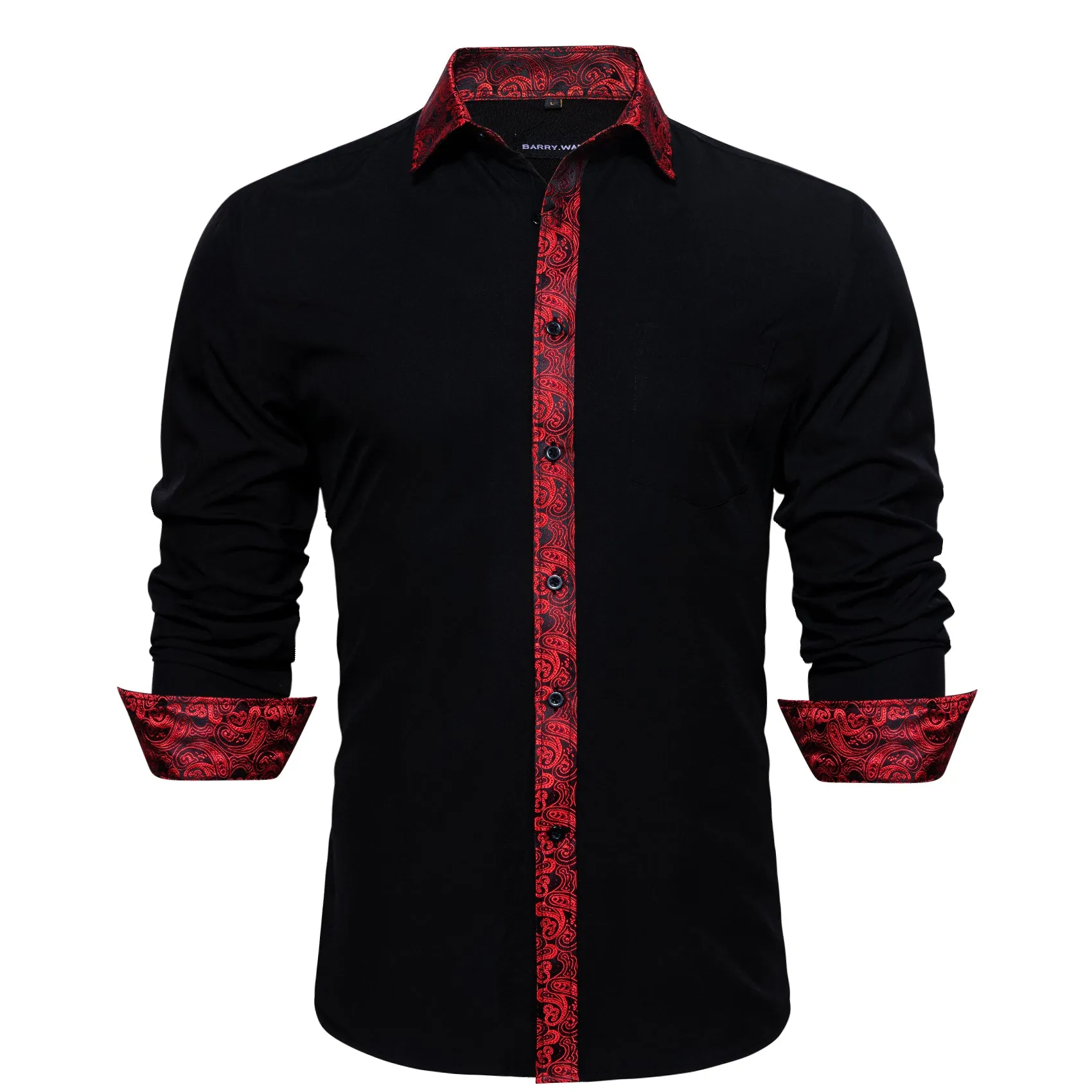 Barry. Wang Mens Black Red Splicing Shirt Long Sleeve Formal Shirt for Party sold by Barrywang
