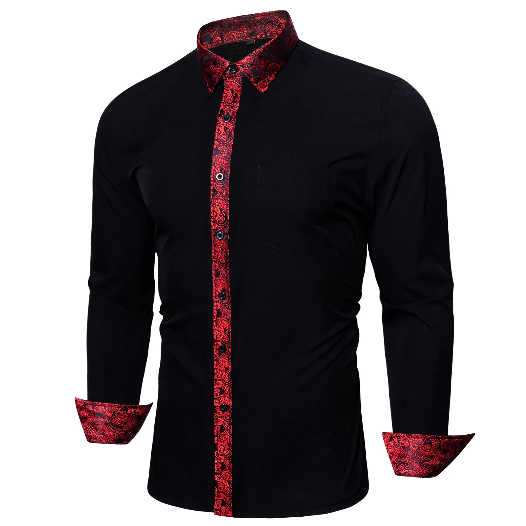 Barry. Wang Mens Black Red Splicing Shirt Long Sleeve Formal Shirt for Party sold by Barrywang product image thumbnail 2