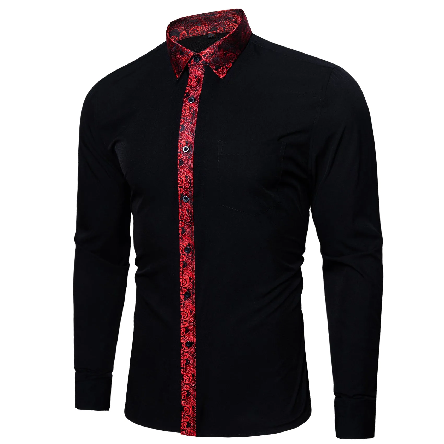 Barry. Wang Mens Black Red Splicing Shirt Long Sleeve Formal Shirt for Party sold by Barrywang product image thumbnail 3