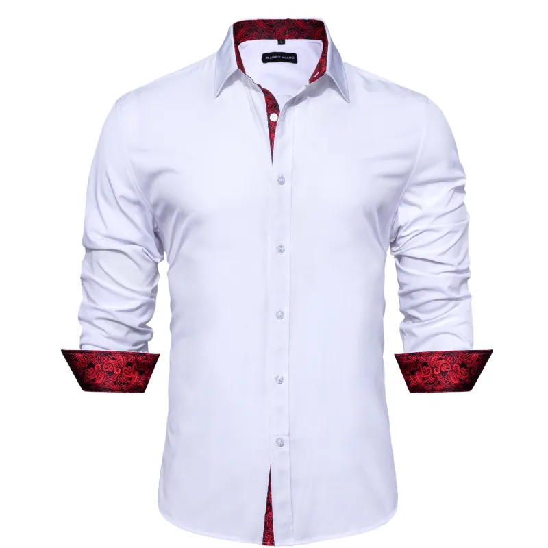 Barry. Wang Mens White Burgundy Splicing Dress Shirt Long Sleeve Button Down Business Shirt made by Barrywang