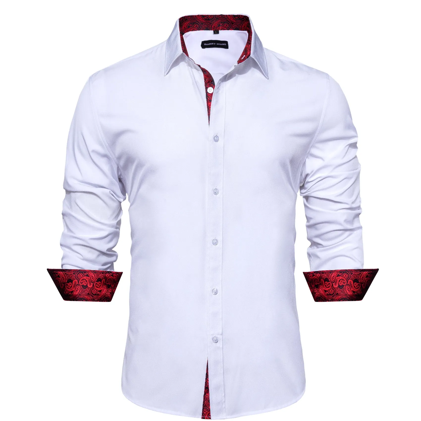 Barry. Wang Mens White Burgundy Splicing Dress Shirt Long Sleeve Button Down Business Shirt sold by Barrywang