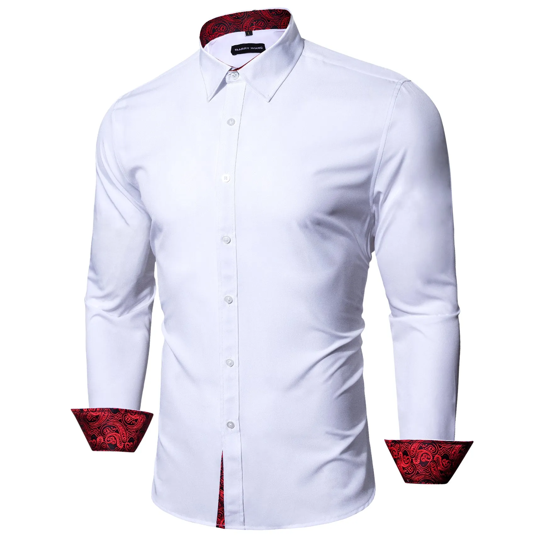 Barry. Wang Mens White Burgundy Splicing Dress Shirt Long Sleeve Button Down Business Shirt sold by Barrywang product image thumbnail 2