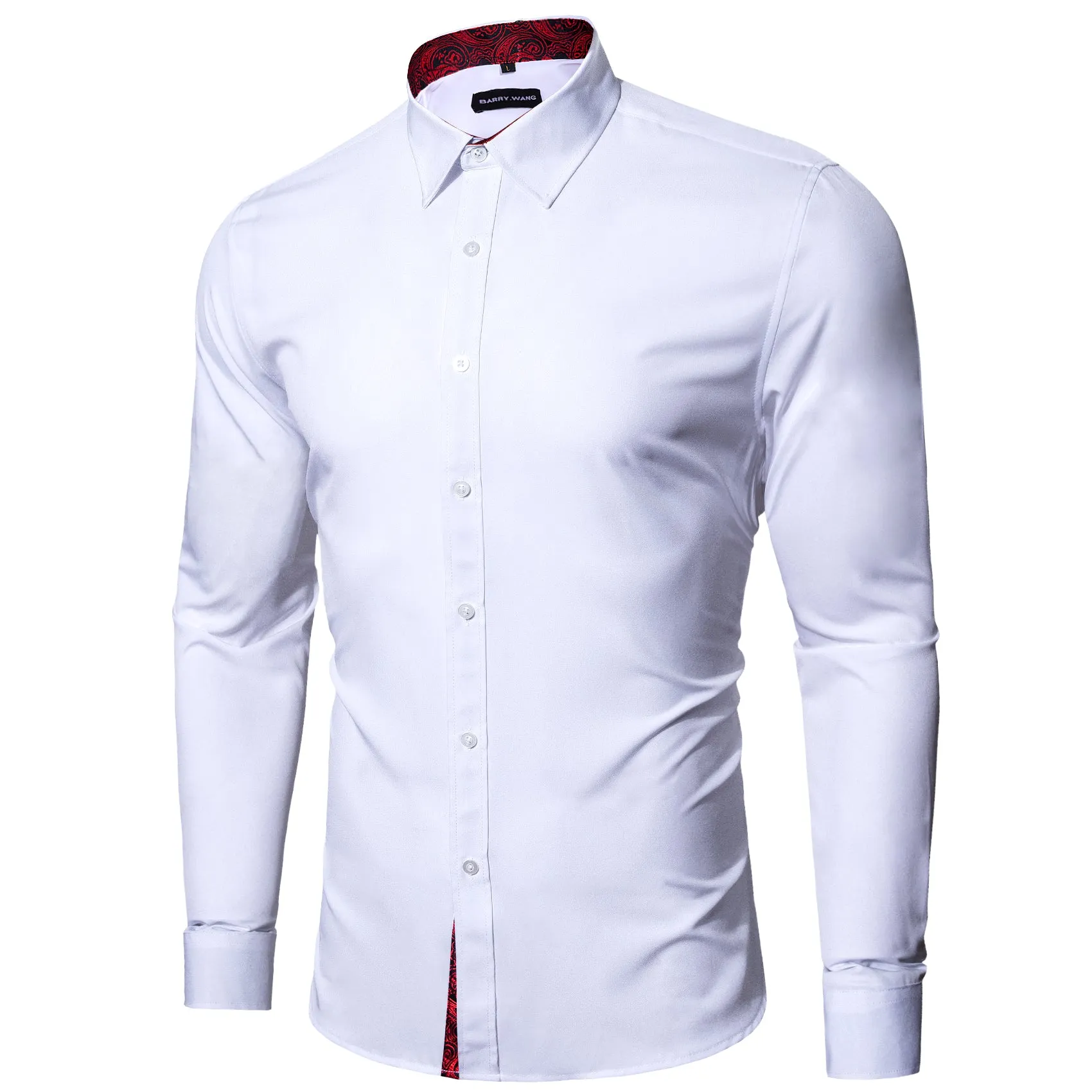 Barry. Wang Mens White Burgundy Splicing Dress Shirt Long Sleeve Button Down Business Shirt sold by Barrywang product image thumbnail 3