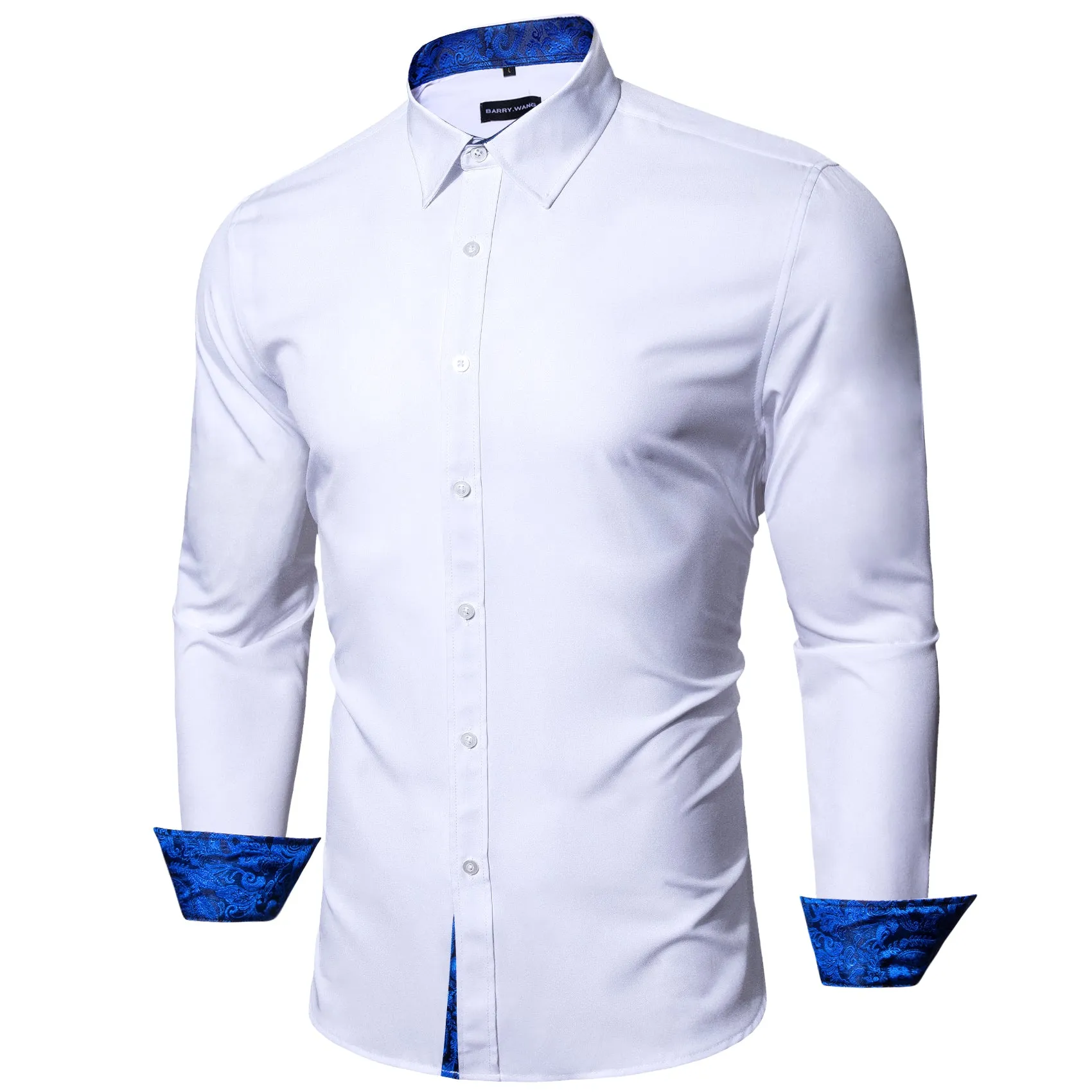 Barry. Wang Mens White Royal Blue Splicing Shirt Long Sleeve Formal Shirt for Wedding sold by Barrywang product image thumbnail 2