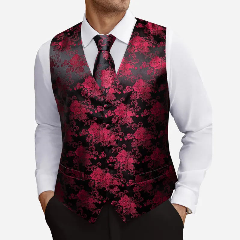 Barry. Wang Mens Floral Suit Vest Black Burgundy Formal Vest Necktie Hanky Cufflinks Set sold by Barrywang