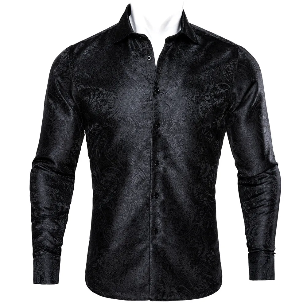 Barry. Wang Mens Paisley Casual Shirt Black Silk Long Sleeve Button Down Shirt for Party sold by Barrywang product image thumbnail 4