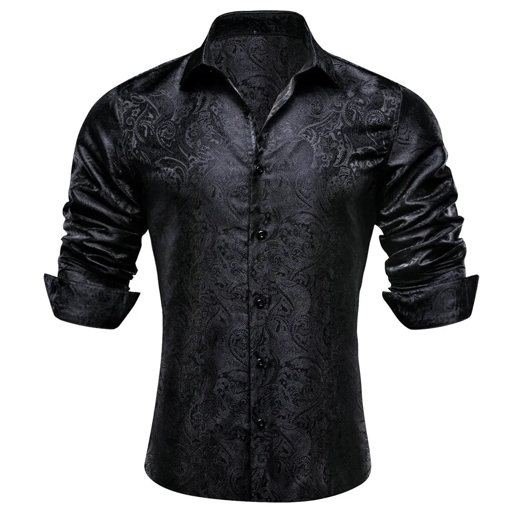 Barry. Wang Mens Paisley Casual Shirt Black Silk Long Sleeve Button Down Shirt for Party sold by Barrywang product image thumbnail 2