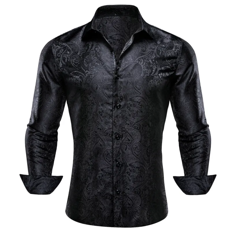 Barry. Wang Mens Paisley Casual Shirt Black Silk Long Sleeve Button Down Shirt for Party sold by Barrywang