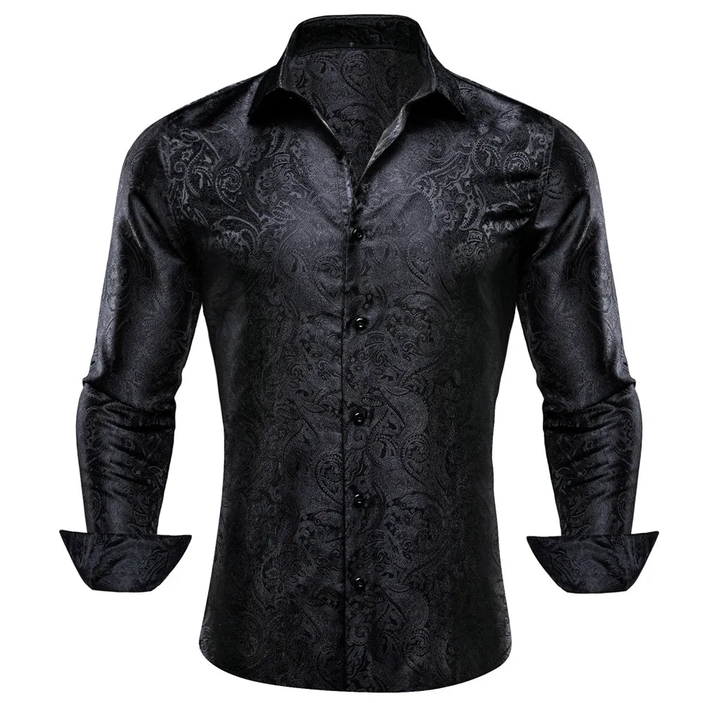 Barry. Wang Mens Paisley Casual Shirt Black Silk Long Sleeve Button Down Shirt for Party sold by Barrywang