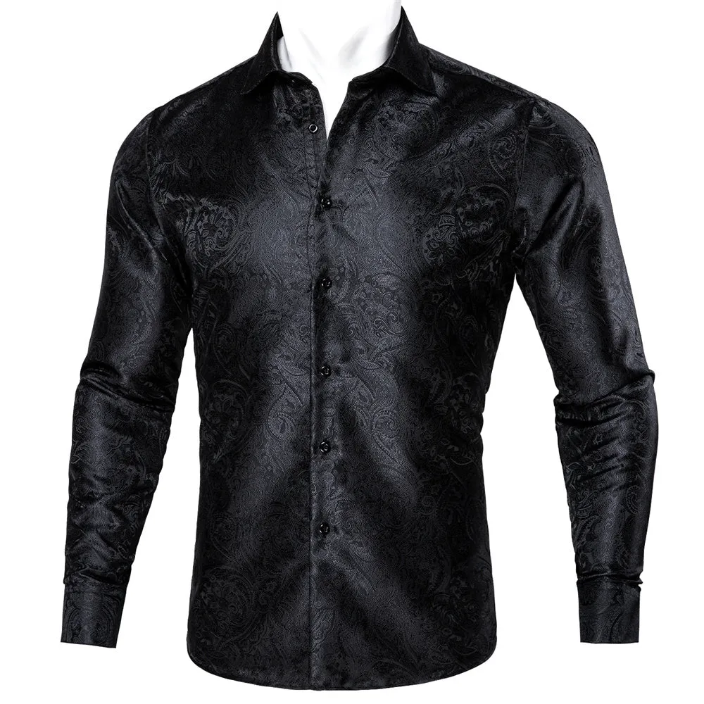 Barry. Wang Mens Paisley Casual Shirt Black Silk Long Sleeve Button Down Shirt for Party sold by Barrywang product image thumbnail 5