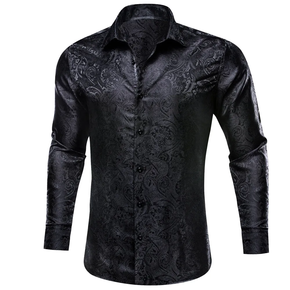 Barry. Wang Mens Paisley Casual Shirt Black Silk Long Sleeve Button Down Shirt for Party sold by Barrywang product image thumbnail 3