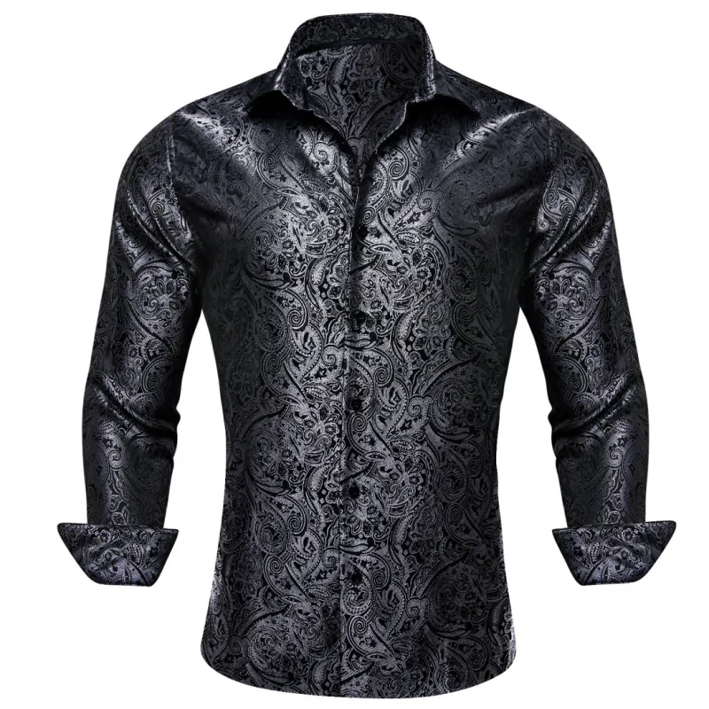 Barry. Wang Mens Western Dress Shirt Black Grey Paisley Button Down Silk Long Sleeve Shirt sold by Barrywang