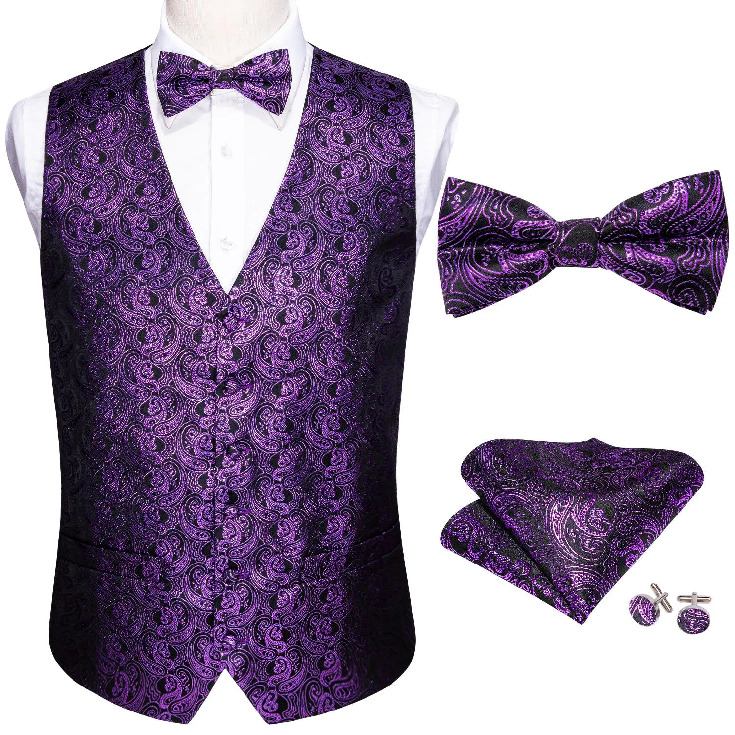 Barry. Wang Mens Purple Vest Paisley Suit 4PCS Vest Bowtie Hanky Cufflinks Set for Prom sold by Barrywang product image thumbnail 3